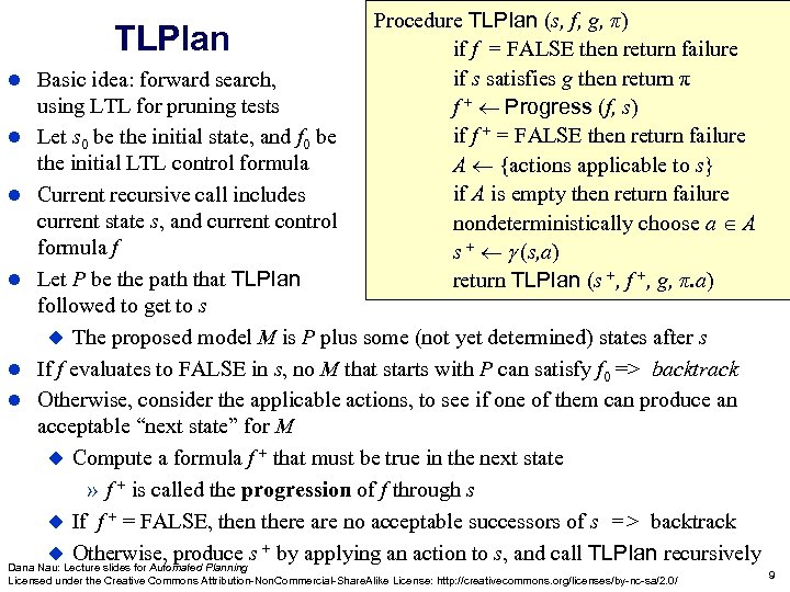 TLPlan Procedure TLPlan (s, f, g, π) if f = FALSE then return failure