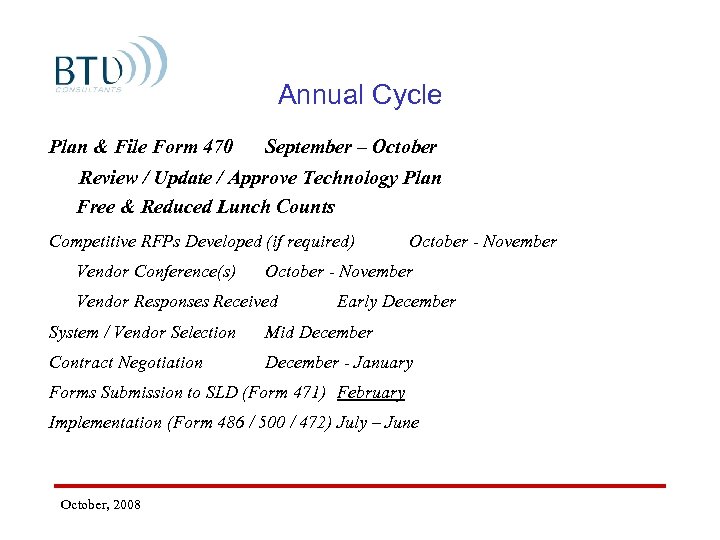 Annual Cycle Plan & File Form 470 September – October Review / Update /