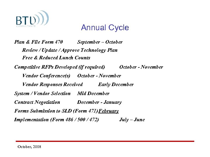 Annual Cycle Plan & File Form 470 September – October Review / Update /