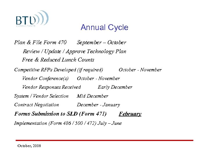 Annual Cycle Plan & File Form 470 September – October Review / Update /