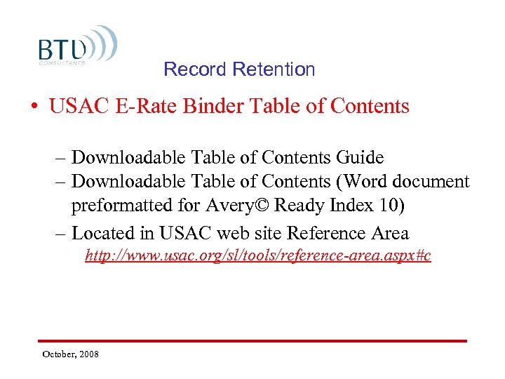 Record Retention • USAC E-Rate Binder Table of Contents – Downloadable Table of Contents