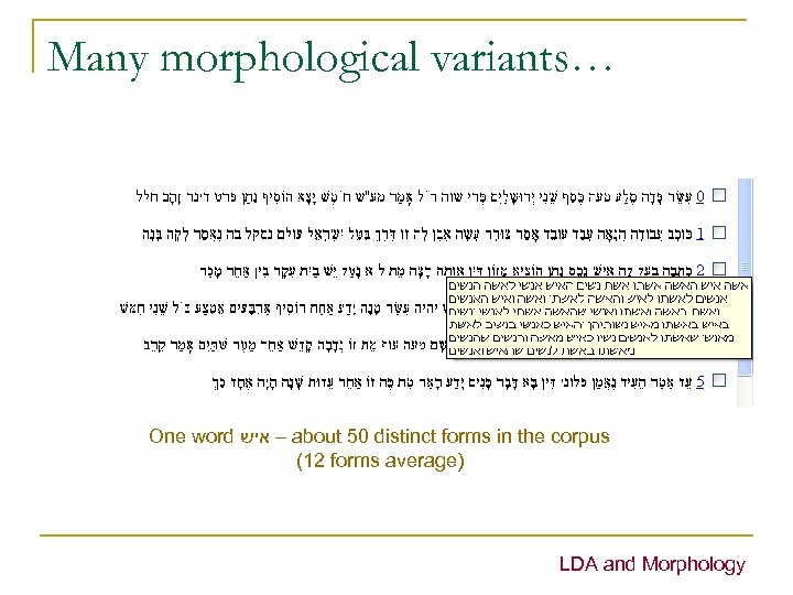 Many morphological variants… One word – איש about 50 distinct forms in the corpus