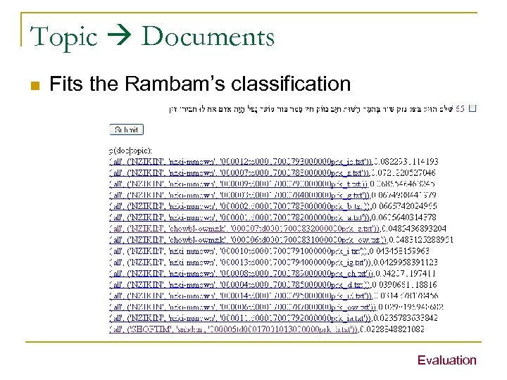 Topic Documents n Fits the Rambam’s classification Evaluation 
