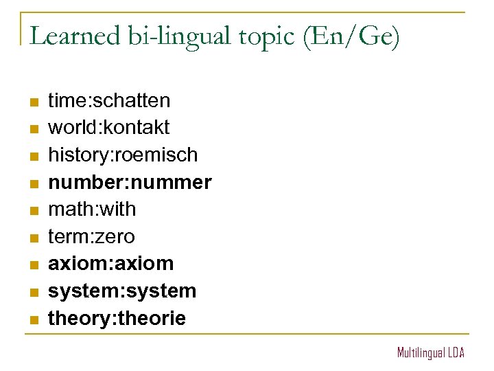 Learned bi-lingual topic (En/Ge) n n n n n time: schatten world: kontakt history: