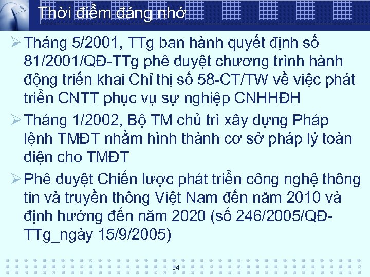  Thời điểm đáng nhớ Ø Tháng 5/2001, TTg ban hành quyết định số