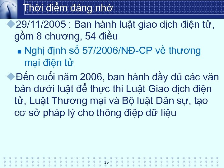  Thời điểm đáng nhớ u 29/11/2005 : Ban hành luật giao dịch điện