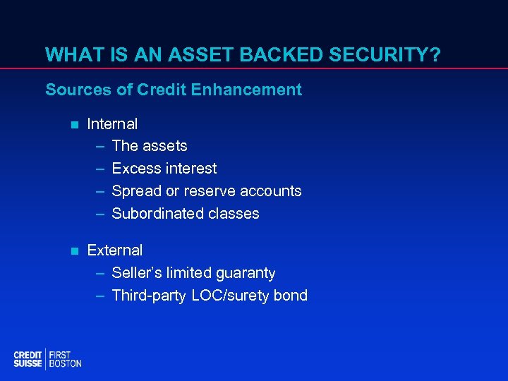 WHAT IS AN ASSET BACKED SECURITY? Sources of Credit Enhancement n Internal – The