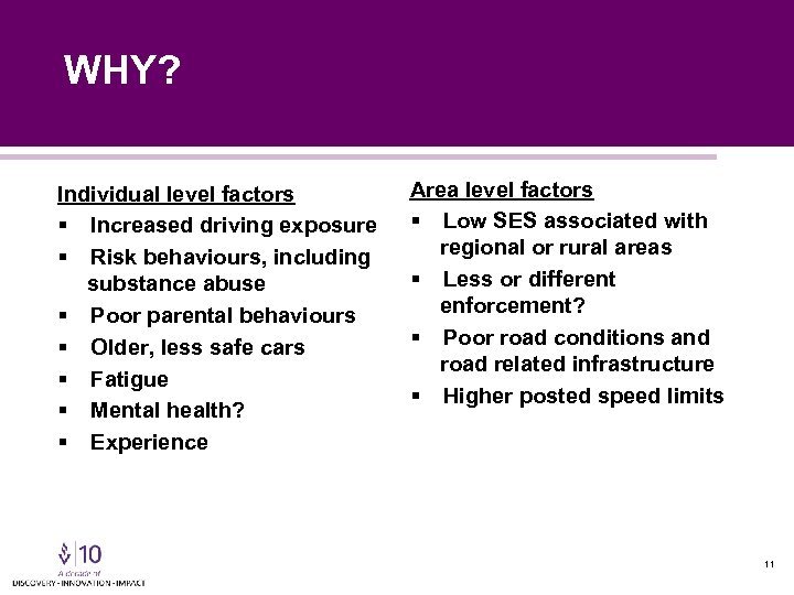 WHY? Individual level factors § Increased driving exposure § Risk behaviours, including substance abuse