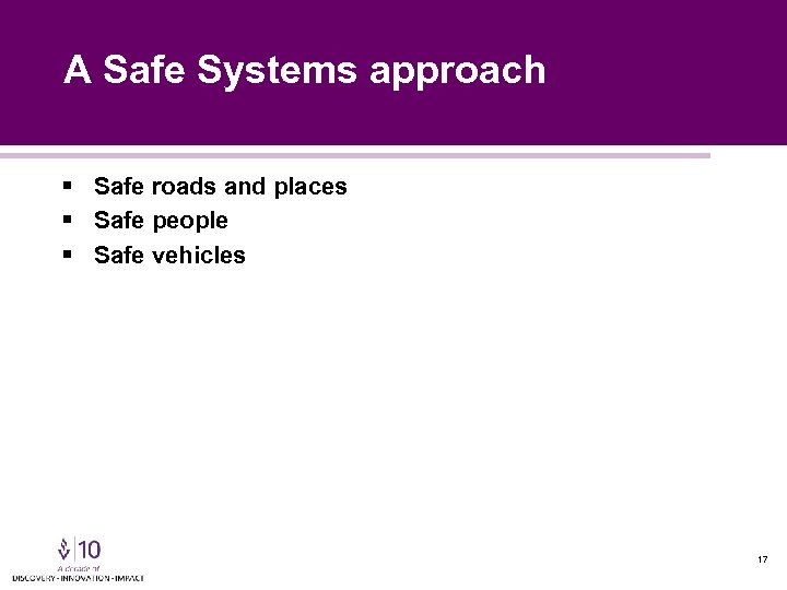 A Safe Systems approach § Safe roads and places § Safe people § Safe