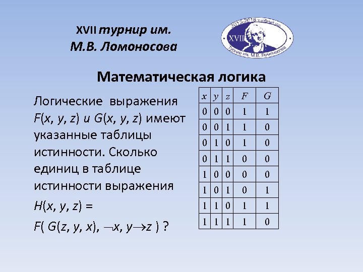 XVII турнир им. М. В. Ломоносова Математическая логика Логические выражения F(x, y, z) и