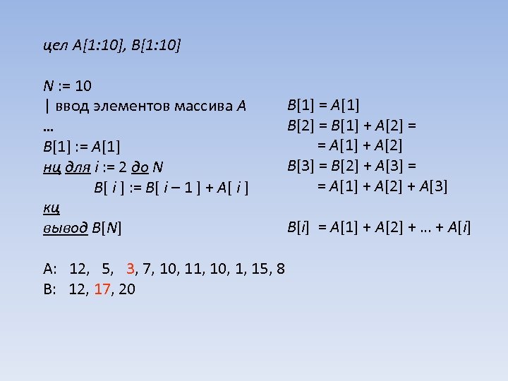 цел A[1: 10], B[1: 10] N : = 10 | ввод элементов массива A