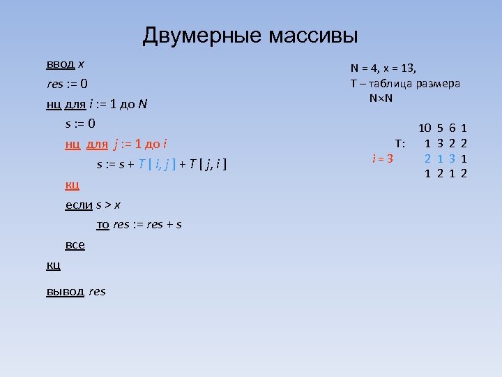 Двумерные массивы ввод x res : = 0 нц для i : = 1