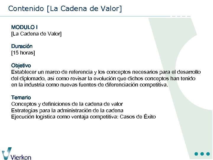Contenido [La Cadena de Valor] MODULO I [La Cadena de Valor] Duración [15 horas]