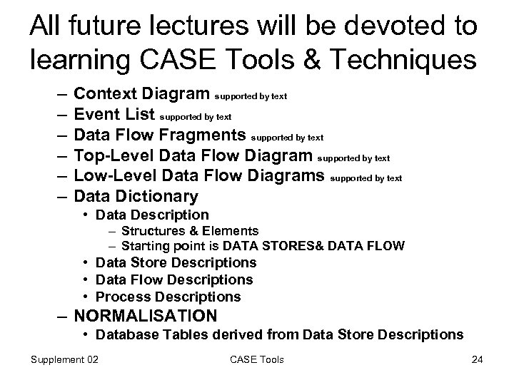 All future lectures will be devoted to learning CASE Tools & Techniques – –