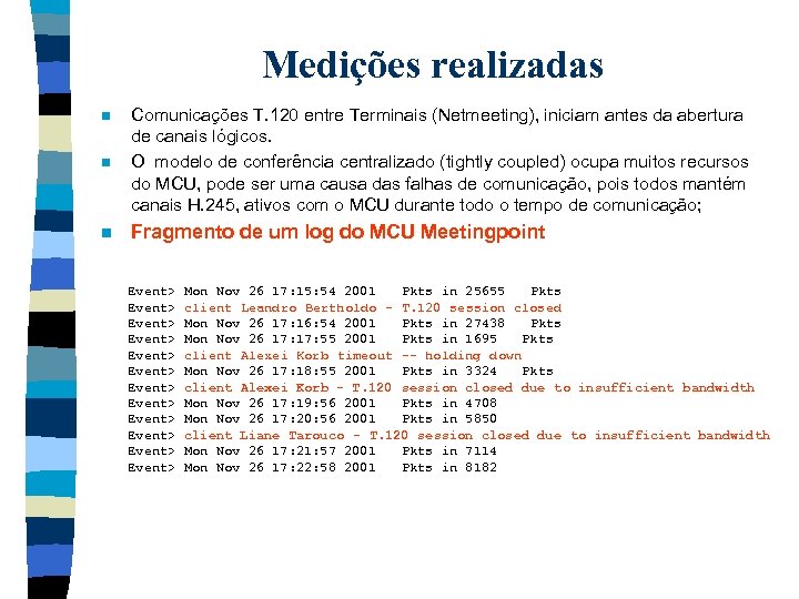 Medições realizadas n Comunicações T. 120 entre Terminais (Netmeeting), iniciam antes da abertura de