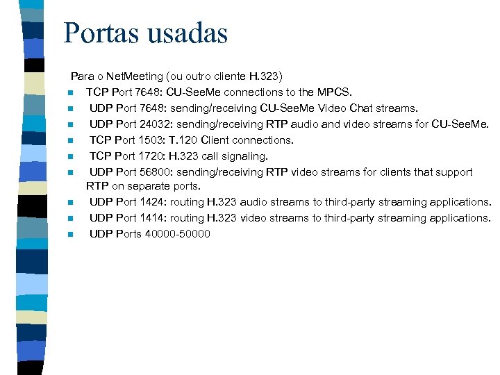 Portas usadas Para o Net. Meeting (ou outro cliente H. 323) n TCP Port