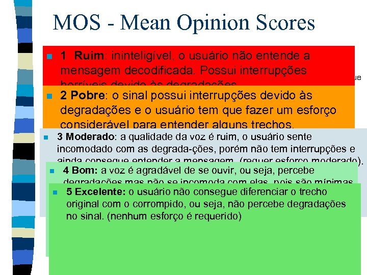 MOS - Mean Opinion Scores Ruim: ininteligível, o usuário não entende a n n