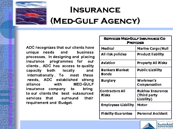 Insurance (Med-Gulf Agency) Services Med-Gulf Insurance Co Provides ADC recognizes that our clients have