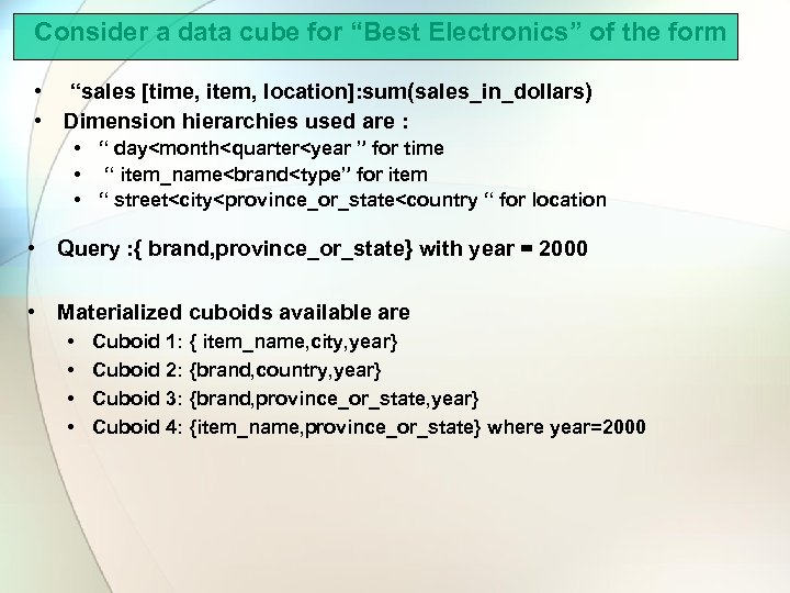 Consider a data cube for “Best Electronics” of the form • “sales [time, item,