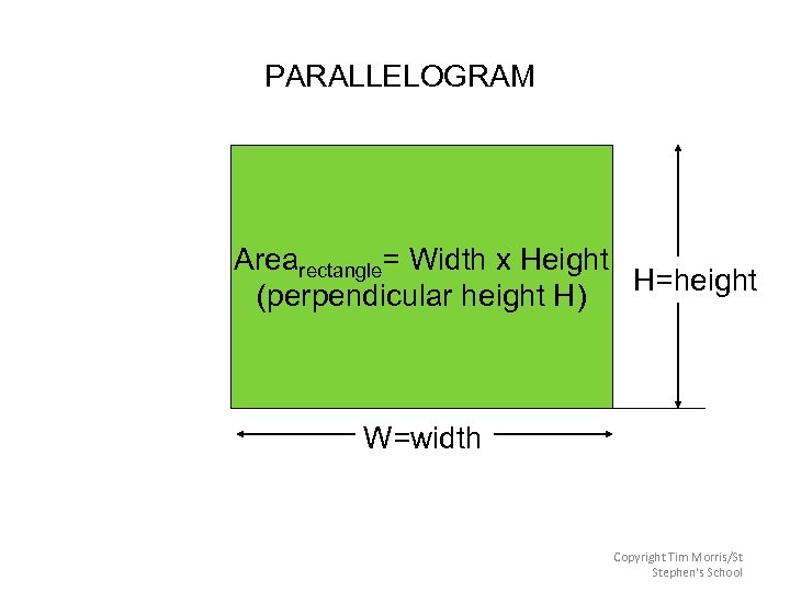 PARALLELOGRAM Arearectangle= Width x Height H=height (perpendicular height H) W=width Copyright Tim Morris/St Stephen's