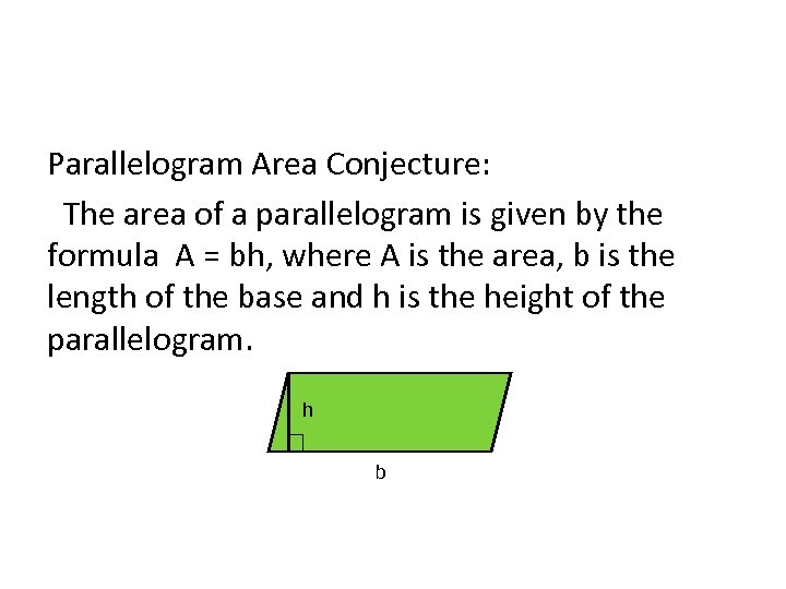 Parallelogram Area Conjecture: The area of a parallelogram is given by the formula A