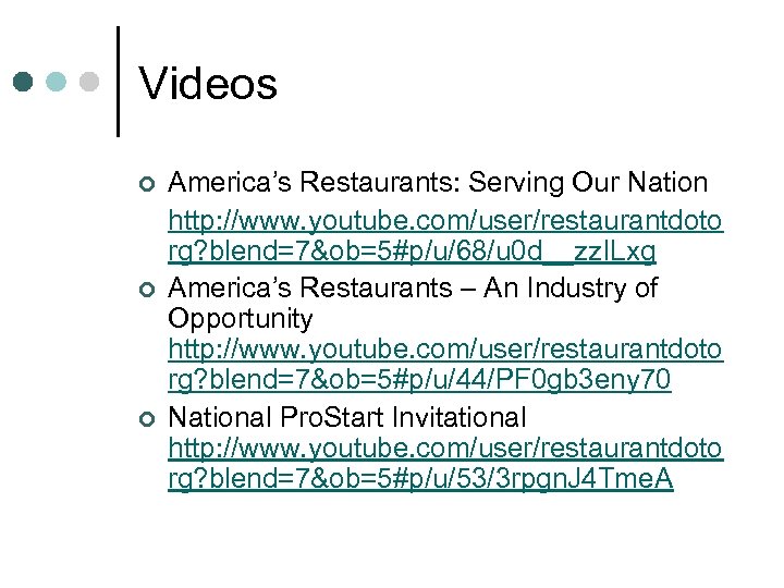 Videos ¢ ¢ ¢ America’s Restaurants: Serving Our Nation http: //www. youtube. com/user/restaurantdoto rg?
