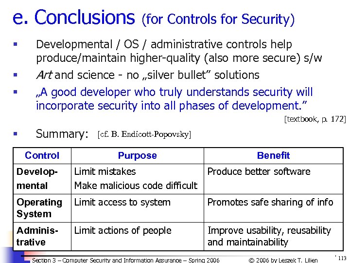 e. Conclusions § § § (for Controls for Security) Developmental / OS / administrative