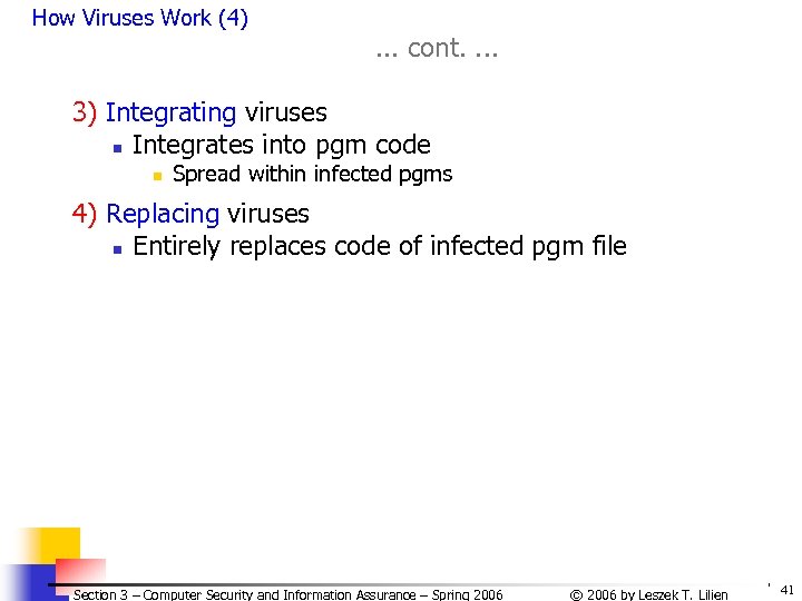 How Viruses Work (4) . . . cont. . 3) Integrating viruses n Integrates