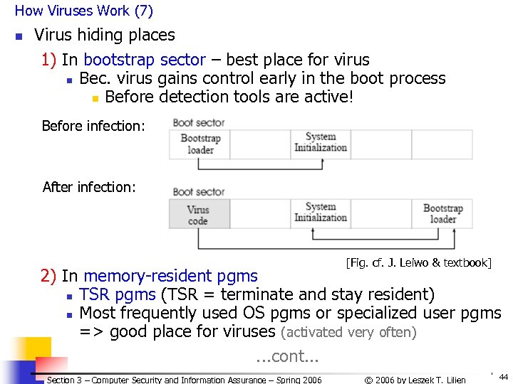 How Viruses Work (7) n Virus hiding places 1) In bootstrap sector – best