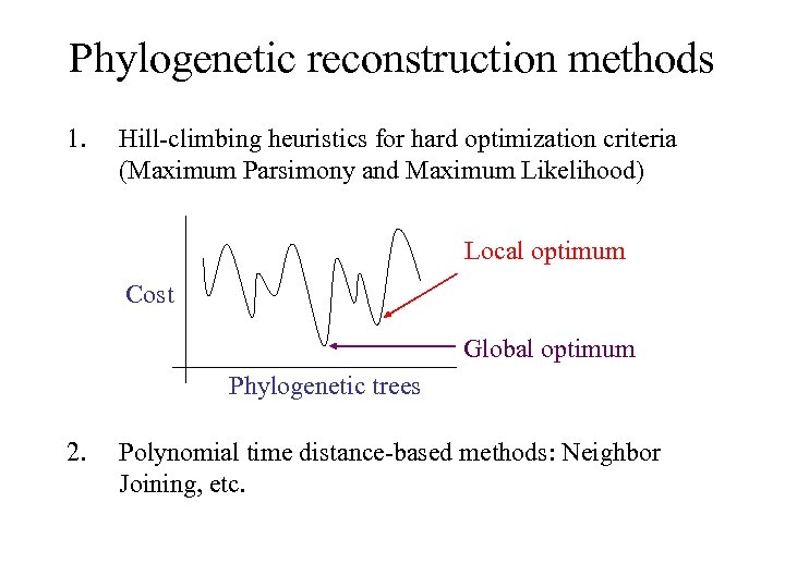 Phylogenetic reconstruction methods 1. Hill-climbing heuristics for hard optimization criteria (Maximum Parsimony and Maximum