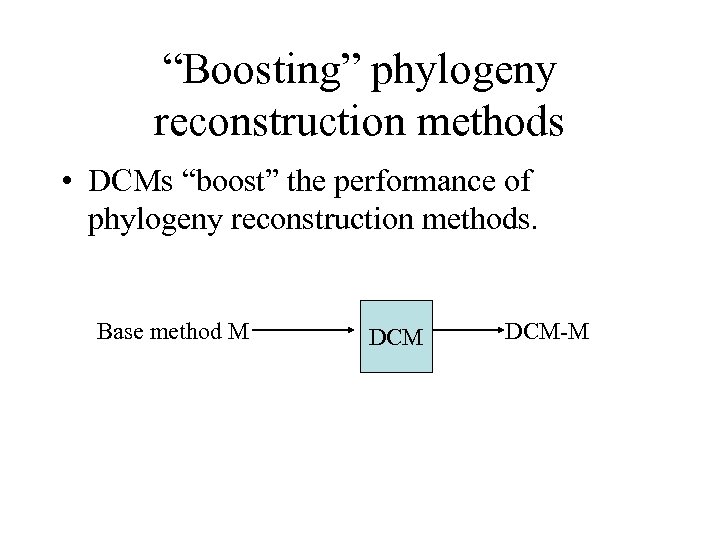 “Boosting” phylogeny reconstruction methods • DCMs “boost” the performance of phylogeny reconstruction methods. Base