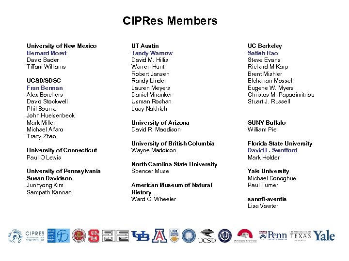 CIPRes Members University of New Mexico Bernard Moret David Bader Tiffani Williams UCSD/SDSC Fran