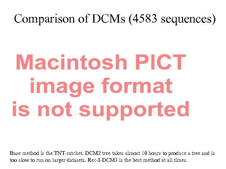Comparison of DCMs (4583 sequences) Base method is the TNT-ratchet. DCM 2 tree takes