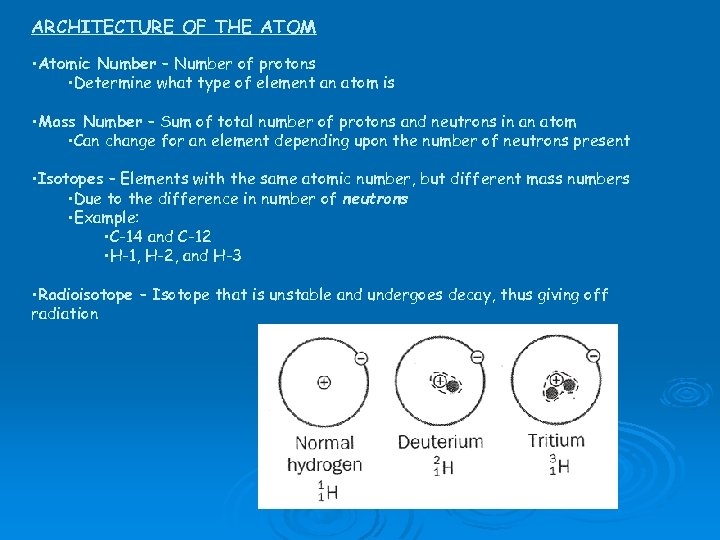 ARCHITECTURE OF THE ATOM • Atomic Number – Number of protons • Determine what