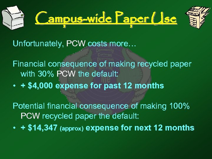Campus-wide Paper Use Unfortunately, PCW costs more… Financial consequence of making recycled paper with