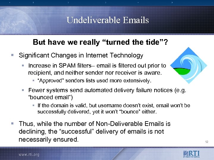 Undeliverable Emails But have we really “turned the tide”? § Significant Changes in Internet