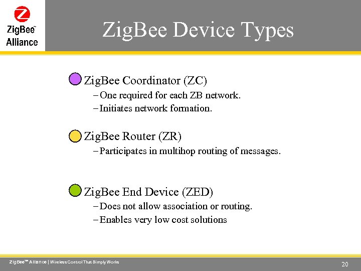 Zig. Bee Device Types Wireless Control That Simply Works • Zig. Bee Coordinator (ZC)