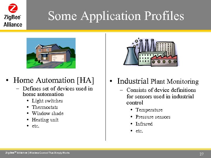 Some Application Profiles Wireless Control That Simply Works • Home Automation [HA] – Defines