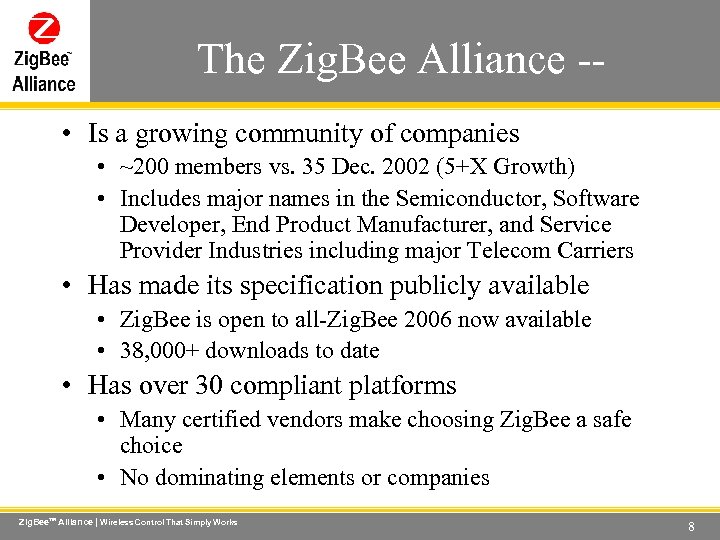 The Zig. Bee Alliance -- Wireless Control That Simply Works • Is a growing
