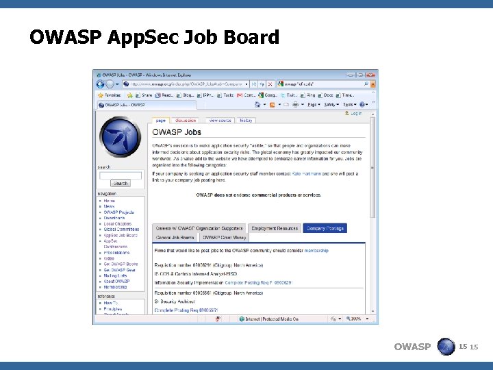 OWASP App. Sec Job Board OWASP 15 15 