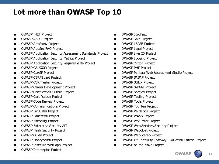 Lot more than OWASP Top 10 < < < < < < < OWASP