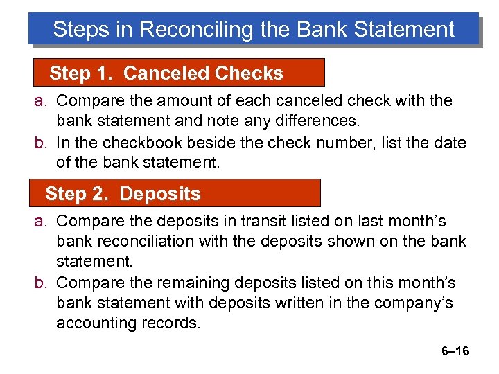 Steps in Reconciling the Bank Statement Step 1. Canceled Checks a. Compare the amount