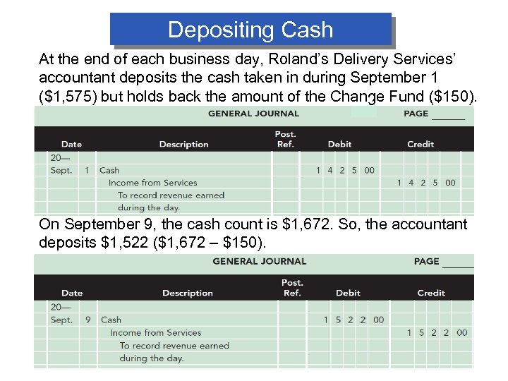 Depositing Cash At the end of each business day, Roland’s Delivery Services’ accountant deposits