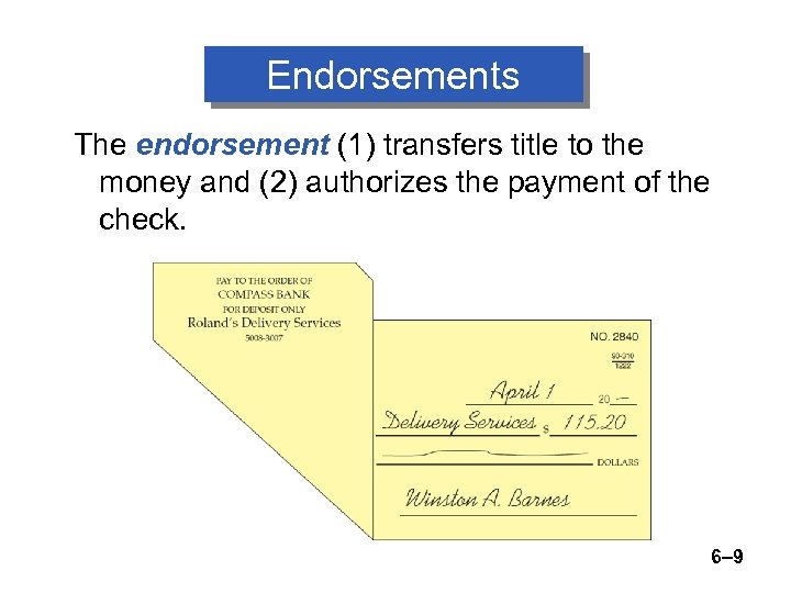 Endorsements The endorsement (1) transfers title to the money and (2) authorizes the payment