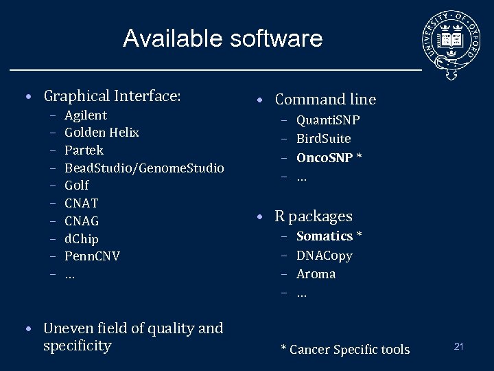 Available software • Graphical Interface: – – – – – Agilent Golden Helix Partek