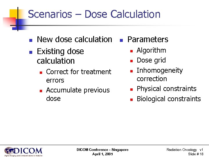 Scenarios – Dose Calculation n n New dose calculation Existing dose calculation n Parameters