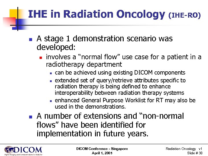 IHE in Radiation Oncology n A stage 1 demonstration scenario was developed: n involves