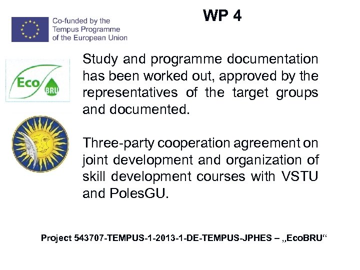 W WP 4 Study and programme documentation has been worked out, approved by the