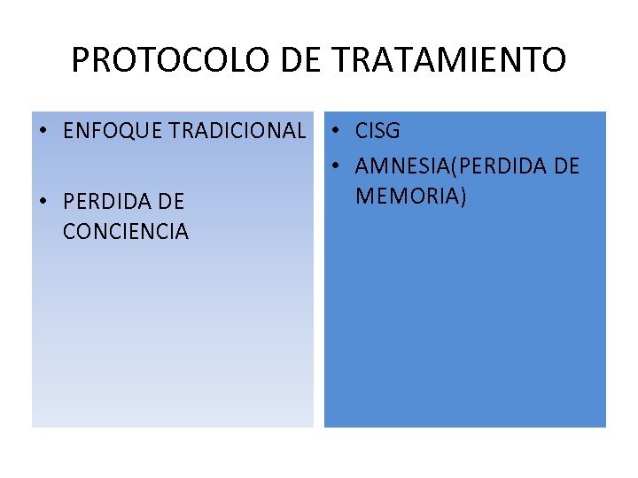 PROTOCOLO DE TRATAMIENTO • ENFOQUE TRADICIONAL • CISG • AMNESIA(PERDIDA DE MEMORIA) • PERDIDA