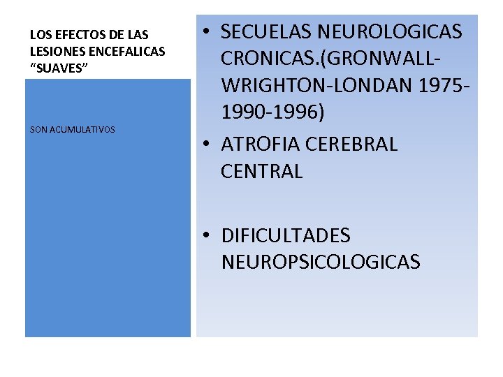 LOS EFECTOS DE LAS LESIONES ENCEFALICAS “SUAVES” SON ACUMULATIVOS • SECUELAS NEUROLOGICAS CRONICAS. (GRONWALLWRIGHTON-LONDAN